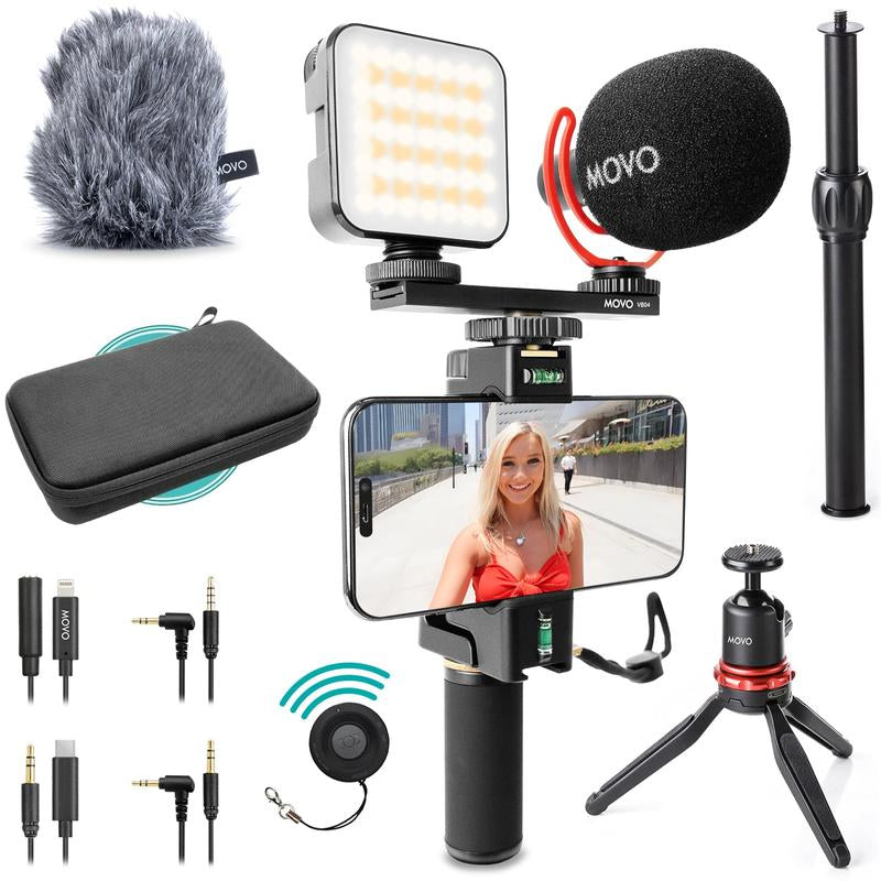 Movo - Ivlogger-Pro Smartphone Video Kit - Universal Compatibility: USB-C, Lightning & 3.5Mm Connections - VXR10 Shotgun Mic, Rechargeable RGB Light