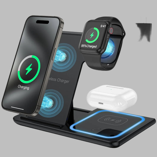 Wireless Charger, 18W Fast Iphone Charging Station for Iphone 16/15/14/13/12 /11/Pro Max/Plus, 3 in 1 Wireless Charging Stand for Iwatch Series SE 10/9/8/7/6/5/4/3, Airpods Pro/3/2 (W/ QC3.0 Adapter)