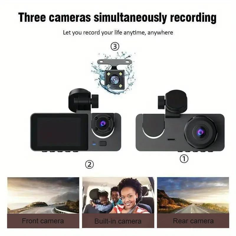 3 Channel Dash Cam for Front & Rear Inside, Full HD Deg Wide Angle Dashboard Camera, 2.0 Inch IPS Screen Dashboard Camera