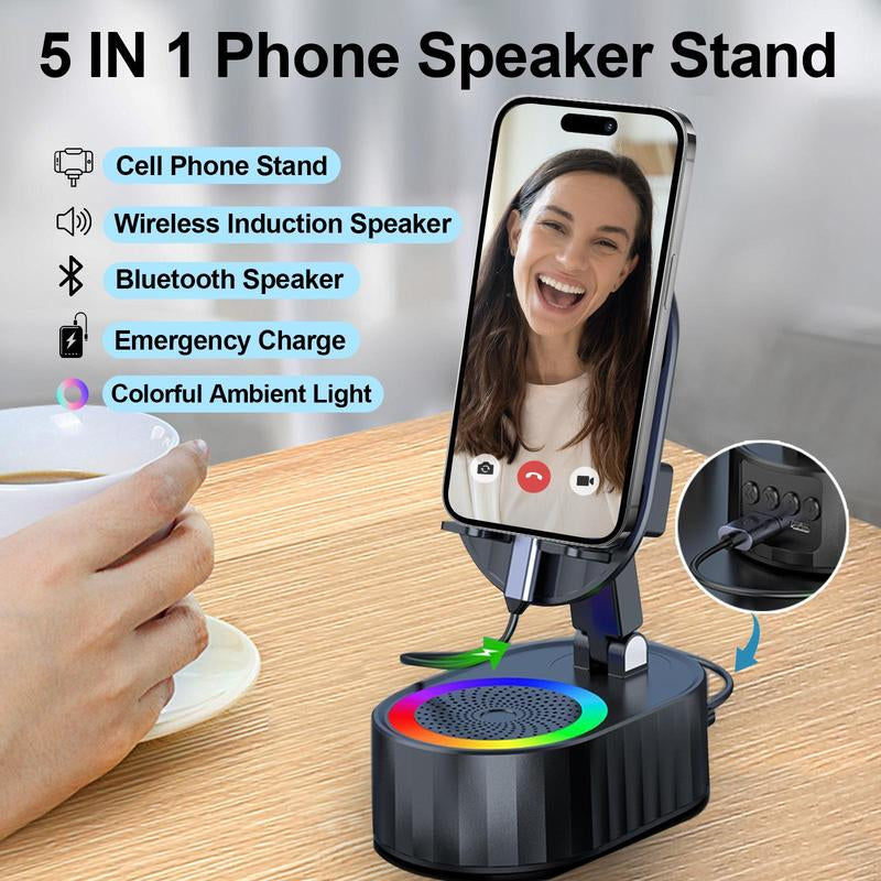 AKLLCCR Wireless Induction Audio Bluetooth Speaker 5In1 Cellphone Holder Emergency Rechargeable (3000Mah) Portable Power Mobile Tablet Stand with Colorful Ambient Light Gifts for Friend, Family