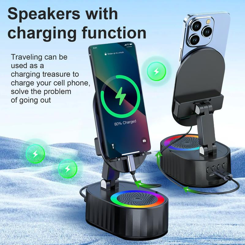 AKLLCCR Wireless Induction Audio Bluetooth Speaker 5In1 Cellphone Holder Emergency Rechargeable (3000Mah) Portable Power Mobile Tablet Stand with Colorful Ambient Light Gifts for Friend, Family