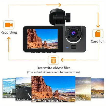 3 Channel Dash Cam for Front & Rear Inside, Full HD Deg Wide Angle Dashboard Camera, 2.0 Inch IPS Screen Dashboard Camera