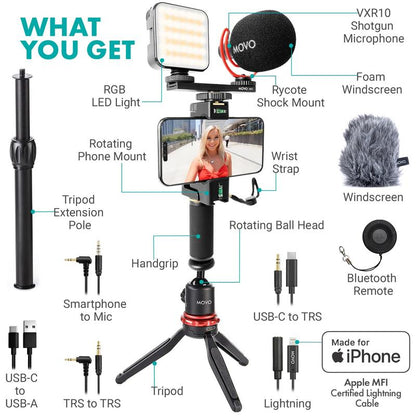 Movo - Ivlogger-Pro Smartphone Video Kit - Universal Compatibility: USB-C, Lightning & 3.5Mm Connections - VXR10 Shotgun Mic, Rechargeable RGB Light